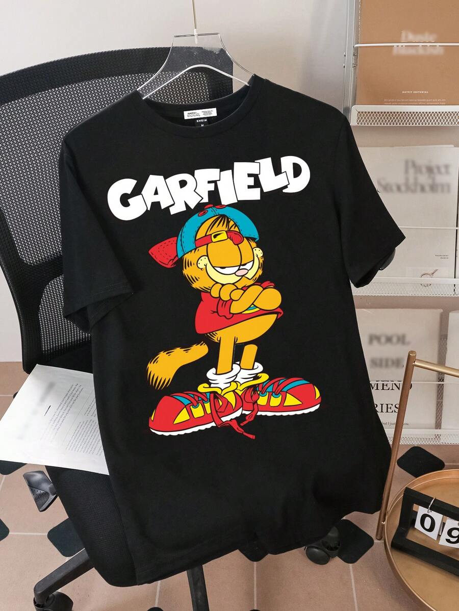 GARFIELD X SHEIN Men Cartoon & Letter Print Round Neck Short Sleeve T-Shirt, Summer