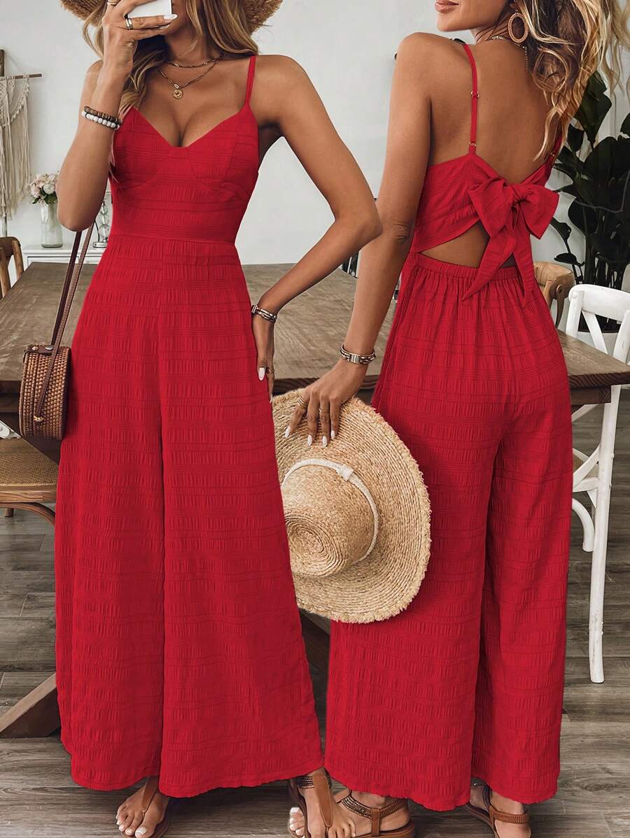 Breezaya Tuta da donna con scollo a V e schienale scoperto, con fiocco e lacci, colore lampone, per primavera/estate