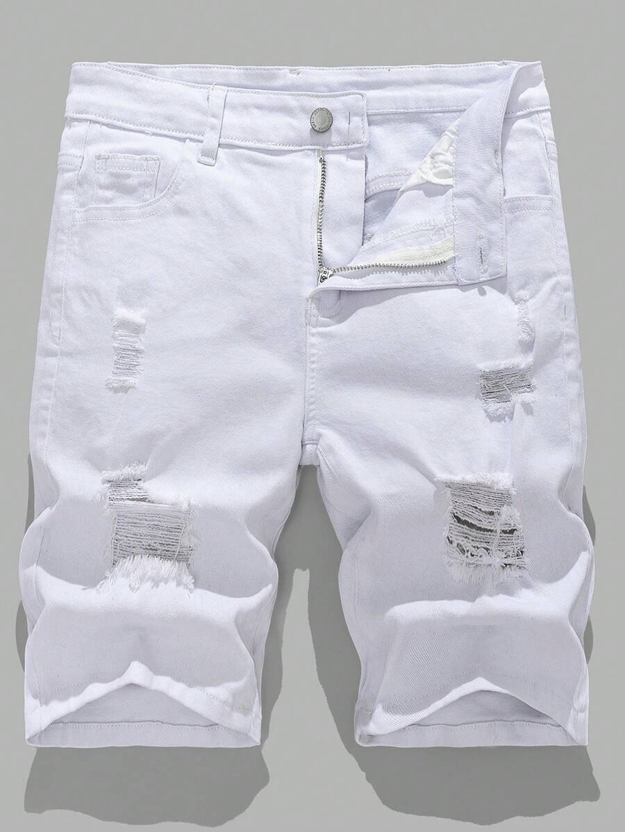SHEIN Pantalones cortos vaqueros blancos con diseño desgarrado, cortado y deshilachado en estilo casual Y2k para adolescentes, traje diario y ropa de verano y primavera para adolescentes