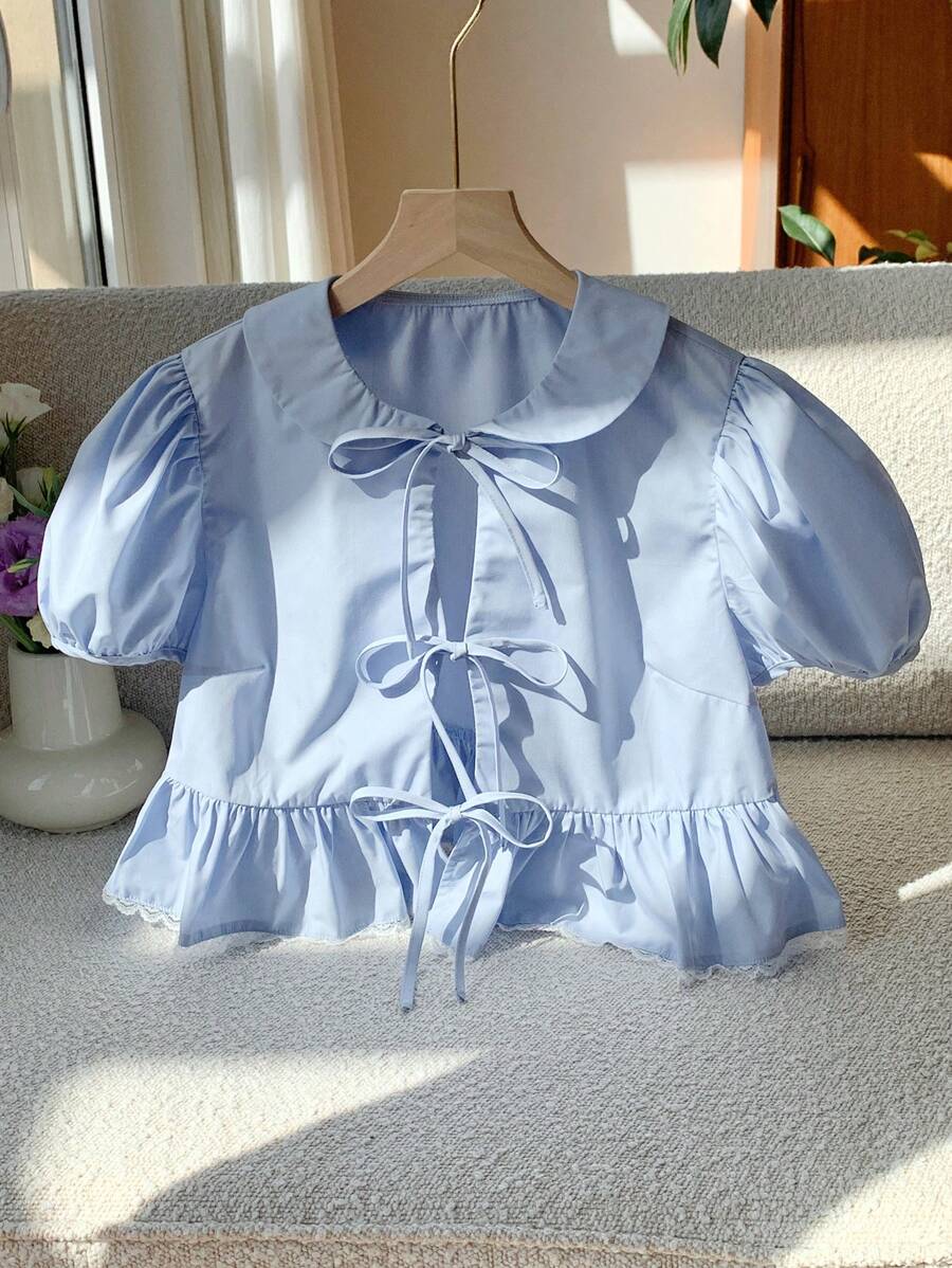 Comfortcana Women's Summer Front Tie, Ruffle Hem, Puff Sleeve Blouse