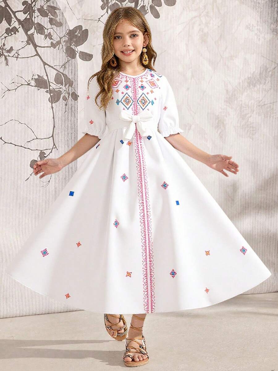 SHEIN Tween Girls ME Elegant Design Print V-Neck Midi Dress, Suitable For Casual, Commuting, Holiday, Dining, Family Gathering In Spring/Summer