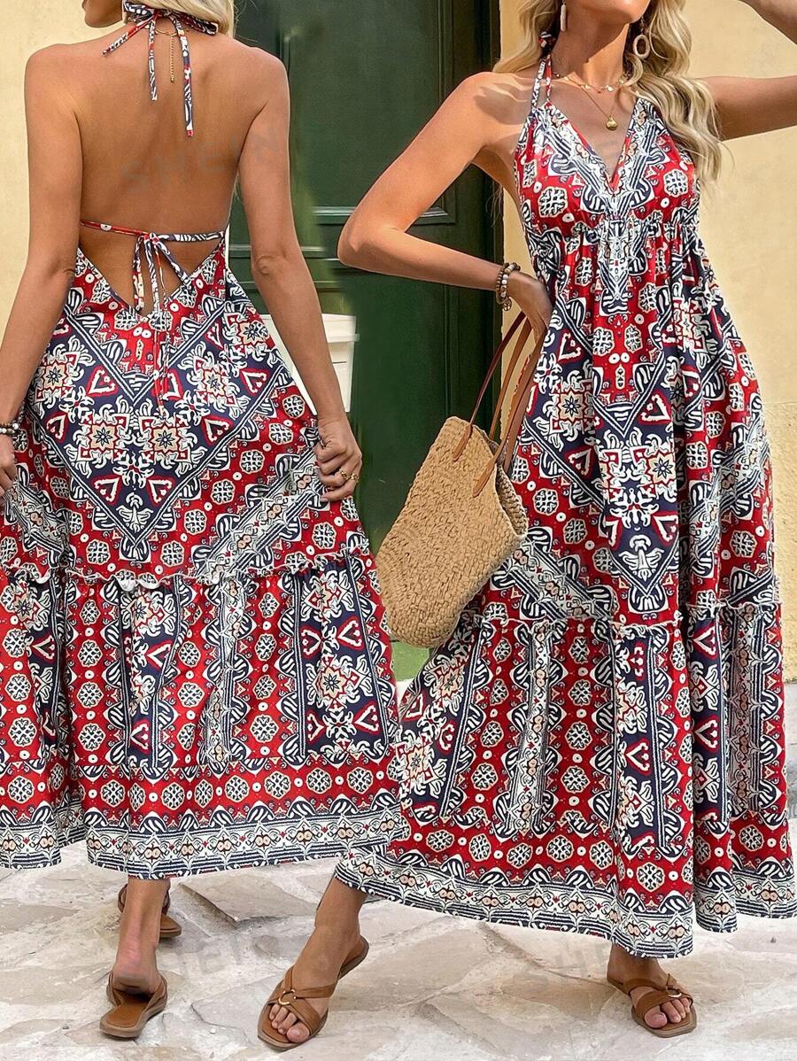 Breezaya Vestido con escote pronunciado y sin espalda con estampado, apropiado para vacaciones en la playa