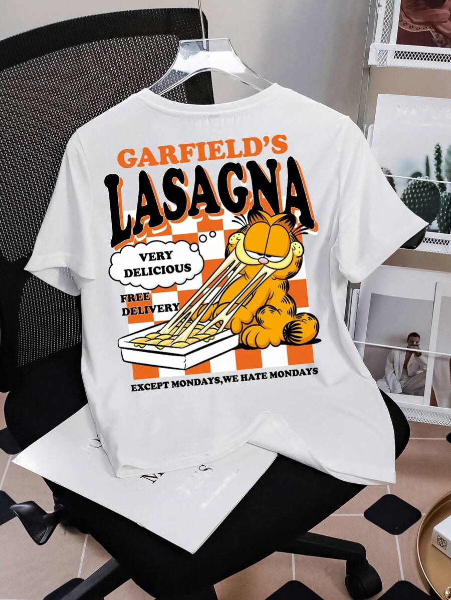 GARFIELD X SHEIN Casual Loose Round Neck Short Sleeve White T-Shirt With English Cartoon & Plaid Print, Suitable For Summer