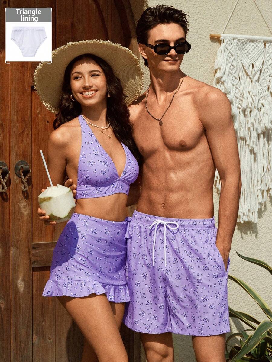 Manfinity VDAYZ Pantalones cortos de playa de cintura con cordón con estampado floral diminuto para novio, estilo hawaiano
