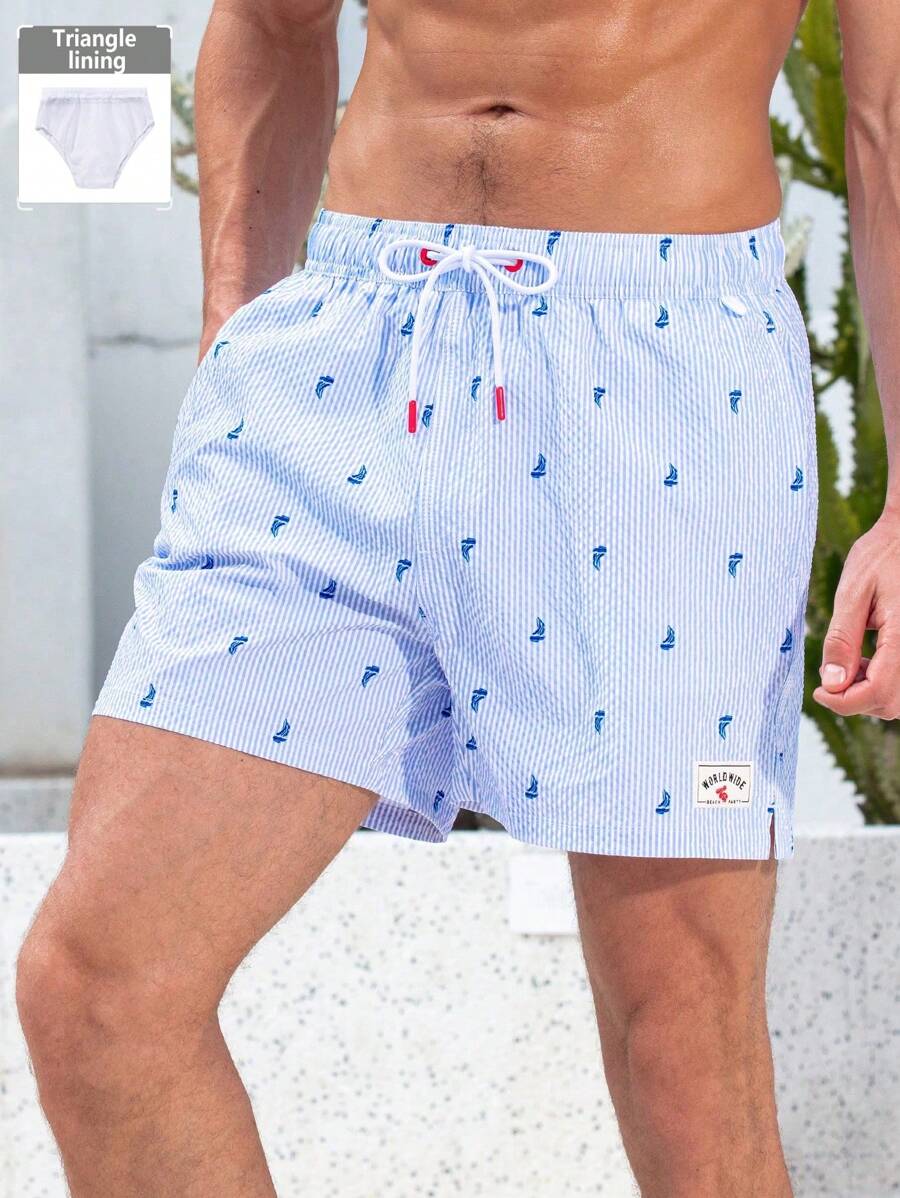 Manfinity Swimmode Men's Allover Print Front Tie Simple Beach Shorts, Casual Vacation