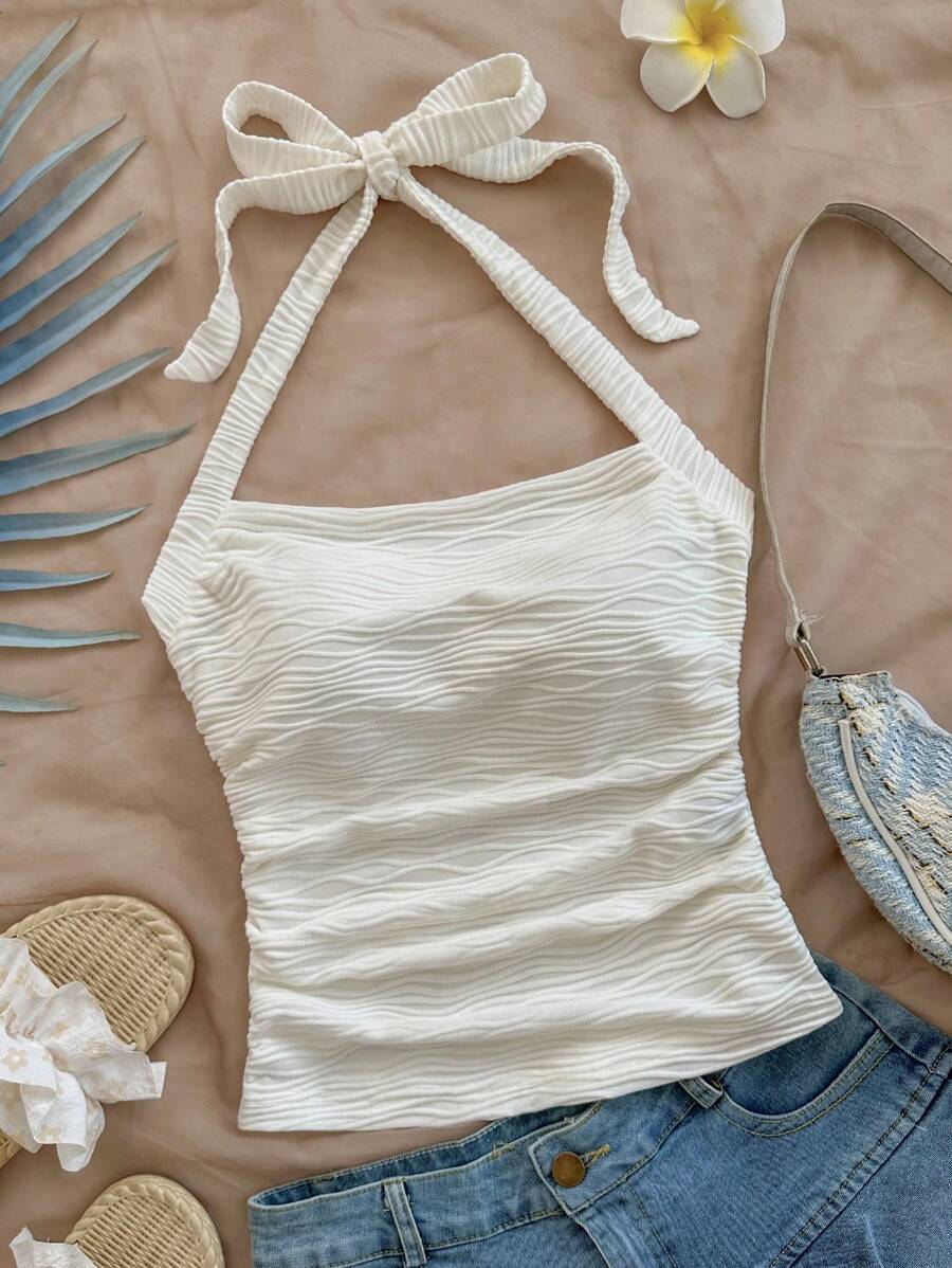 SHEIN WYWH Top a canotta aderente a costine extra large in maglia bianca con collo alto, adatto per vacanze