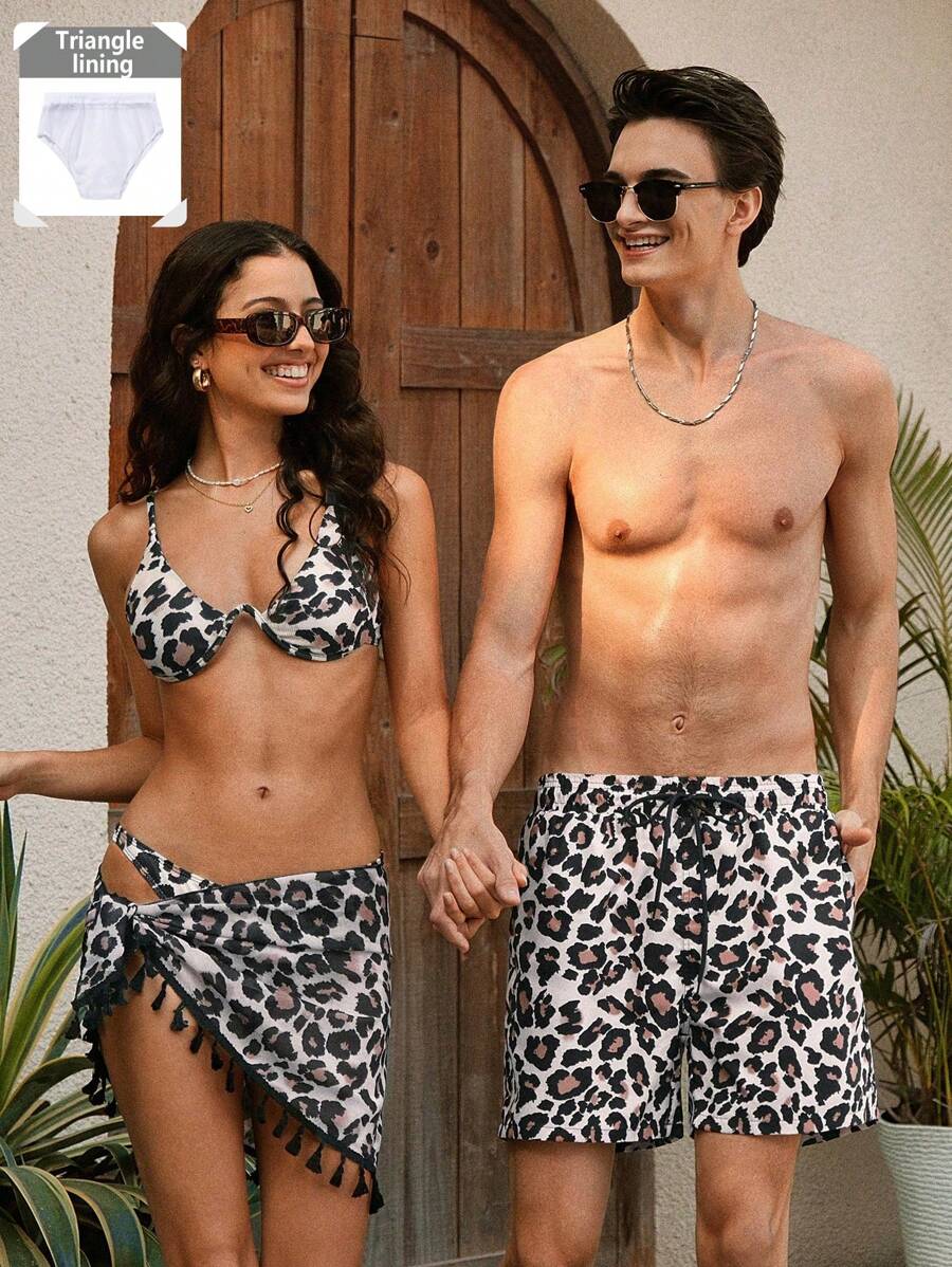 Manfinity VDAYZ Short de plage décontracté pour hommes à imprimé léopard avec poche et nœud devant