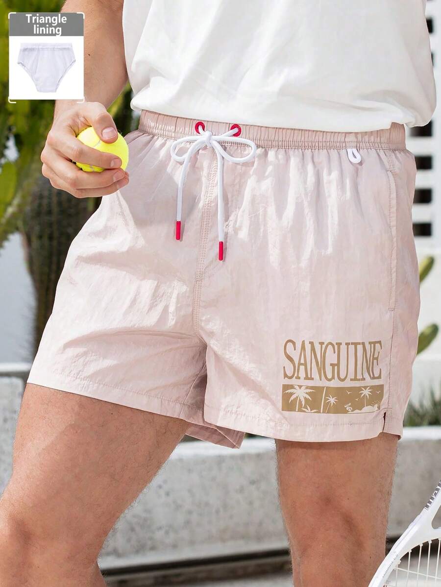 Manfinity Swimmode Men's Letter Print Front Tie Casual Beach Shorts, Leisure & Vacation