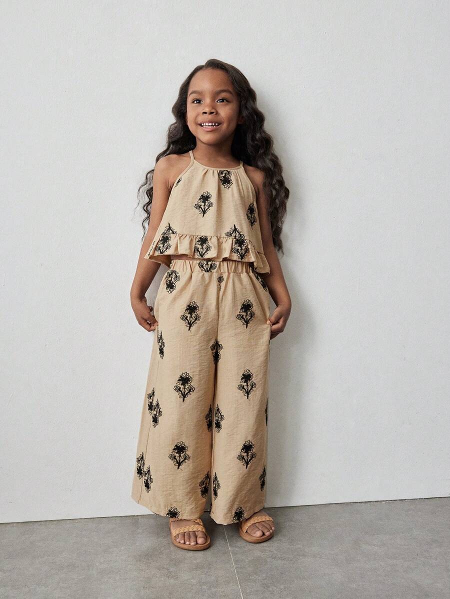 Maija Kids Maija Kids Kleine Mädchen Ferien Lässig mode ärmelloses Rüschen Dekor Loose Top und gerades Bein Hosen Set, Stickerei, beige, vielseitig, Frühling/Sommer