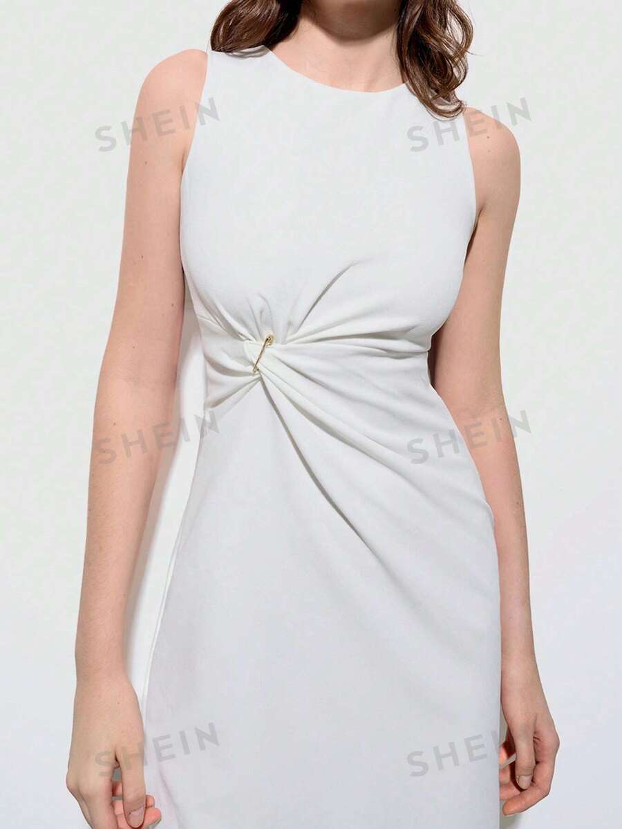Maija Vestido informal moderno, urbano y romántico para vacaciones, fiestas, invitados de boda, estilo de dinero antiguo y graduaciones, de 2025 con cuello redondo, sin mangas, de cintura drapeada, con hebilla metálica decorativa, apropiado para salidas, fiestas, boda, playa y resort