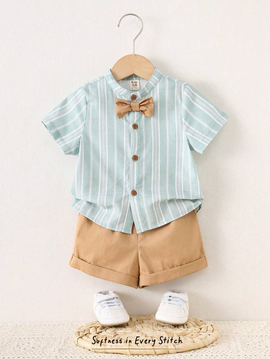 Cozy Pixies Set de 2 piezas de chaqueta de manga corta con lazo a rayas y pantalones cortos de cintura elástica de unicolor para niño bebé