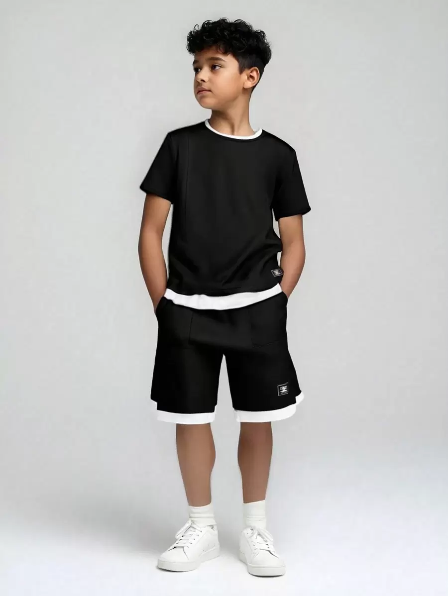 Kontrast-Farbiges Patchwork Jungen Set aus Kurzarmshirt und Shorts, geeignet für Lässig und Sportbekleidung