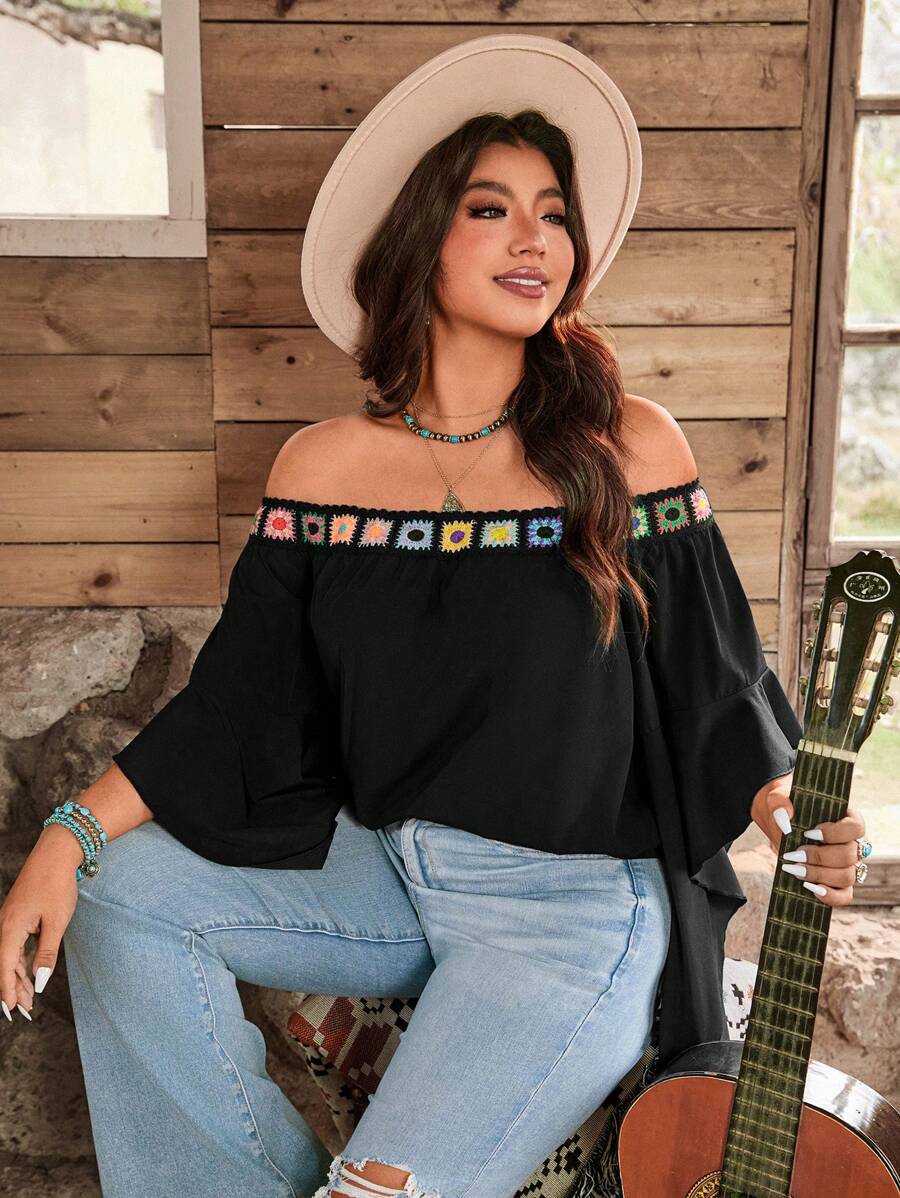 SHEIN LUNE Plus Size Dames Ruffle Off-Shoulder Flare Mouw Losse Blouse