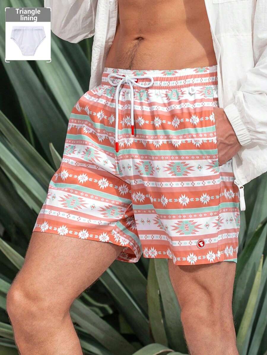 Manfinity Swimmode Pantalones cortos de playa con cintura de cordón y estampado geométrico para hombres