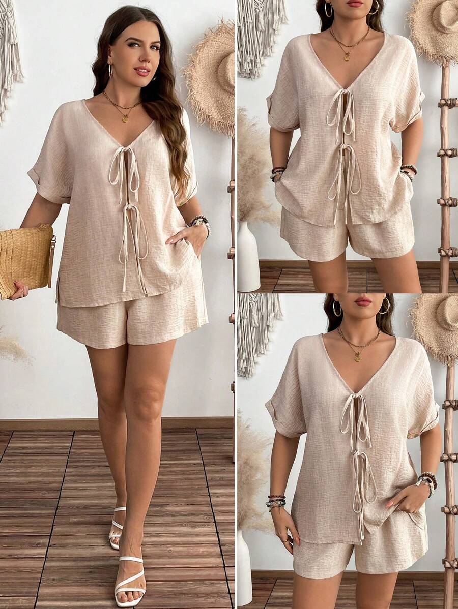 SHEIN LUNE Conjunto de 2 piezas de talla grande para vacaciones de verano: camisa holgada de manga corta con lazo y pantalones cortos anchos de pierna ancha en color caqui