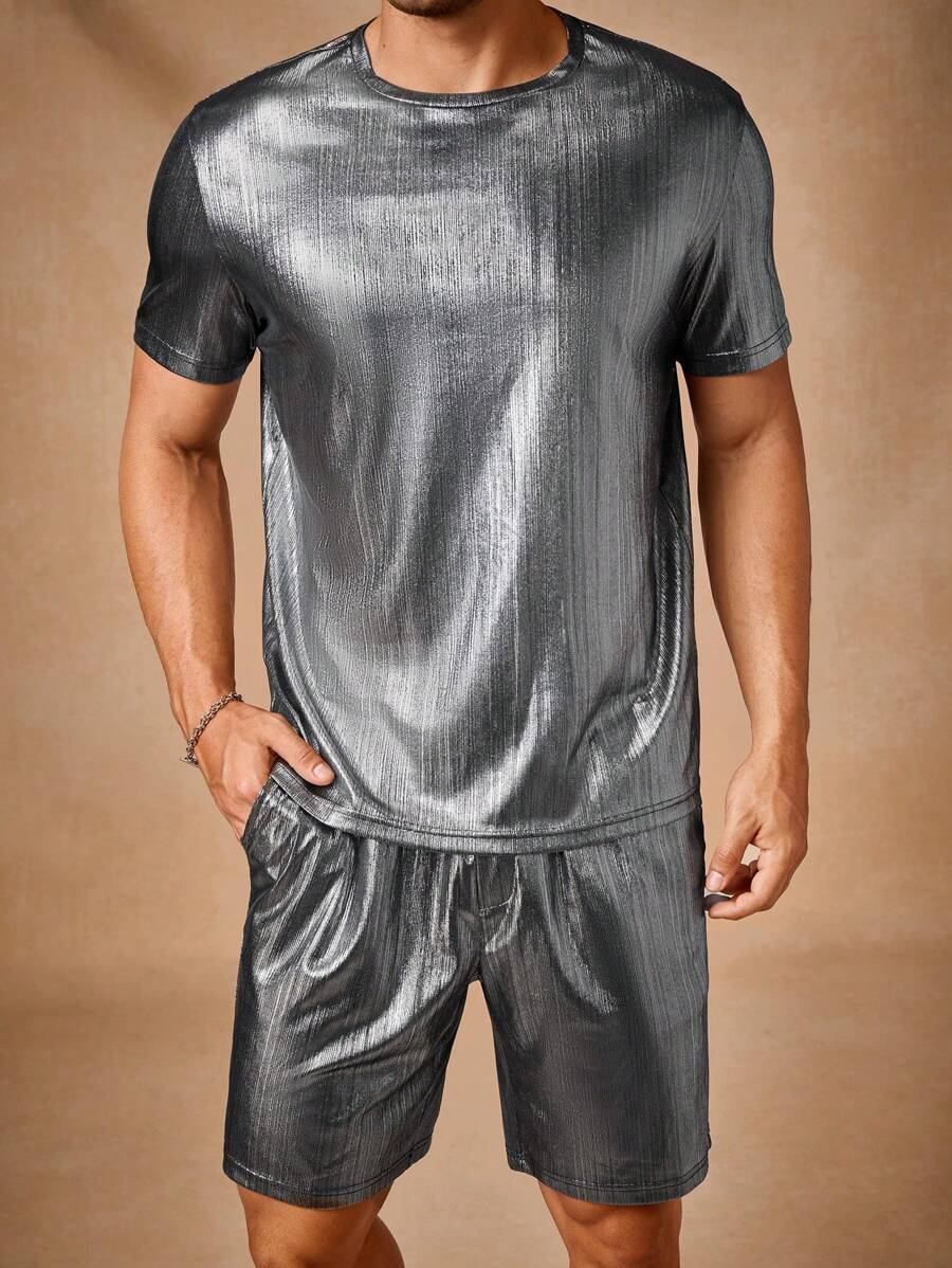 Manfinity VCAY Men's Knitted Casual Daily Loose Solid Color Short Sleeve T-Shirt And Drawstring Waist Straight Leg Shorts 2 Pieces Set