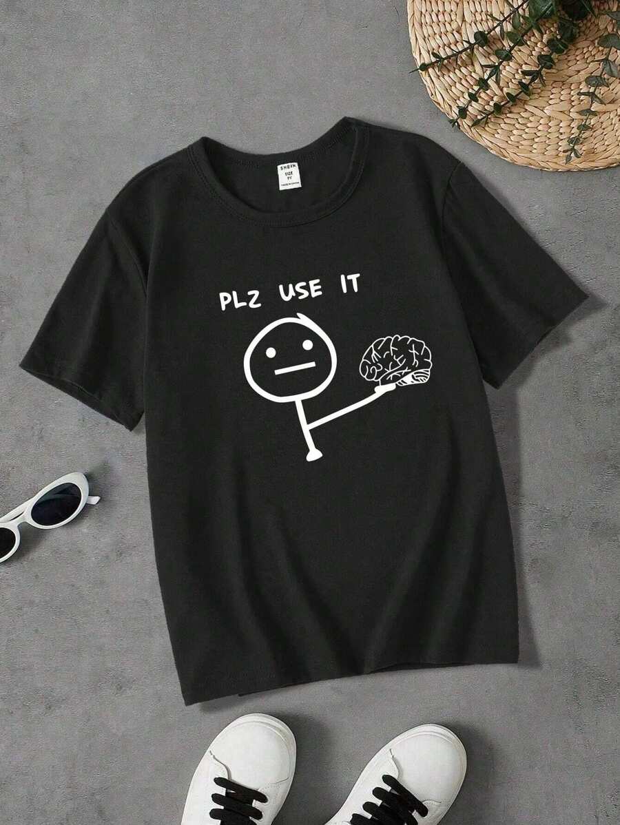 SHEIN Tween Boy 1pc Funny And Interesting Printed Basic Round Neck Short Sleeve T-Shirt, Youth
