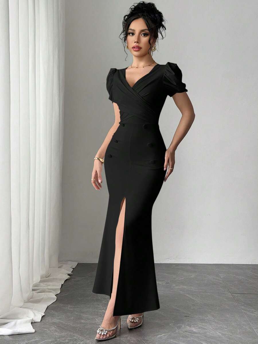Rafferiza Nuovo elegante abito lungo da mermaid con maniche a sbuffo plissettato