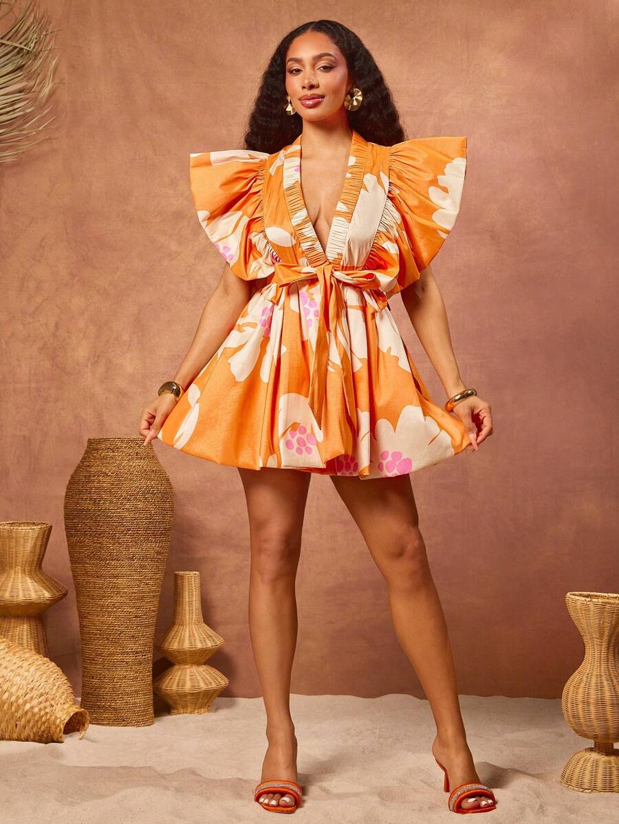 Vixey Vestido cruzado con cuello en pico y mangas con volantes, vestido de verano, conjunto de vacaciones