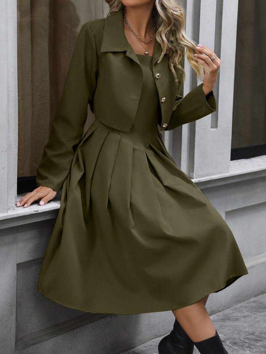 SHEIN Clasi Femme Ensemble 2 pièces style universitaire élégant : blazer à manches longues avec col et robe camisole à volants