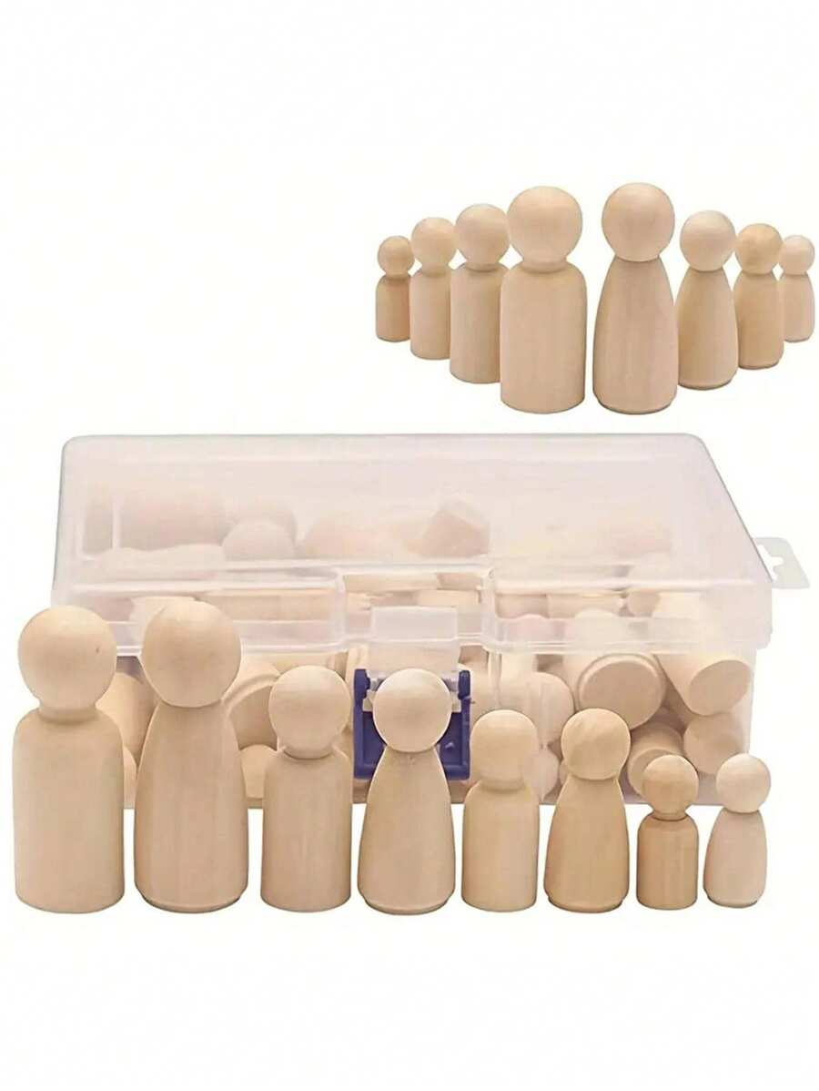 SHEIN 50pcs Unfinished Wooden Dolls, Peg People Doll Bodies Wooden Figures, Decorative Peg Doll People For Kids DIY Art Craft, Painting, Peg Game, Home Party Decor, Assorted Shapes And Sizes