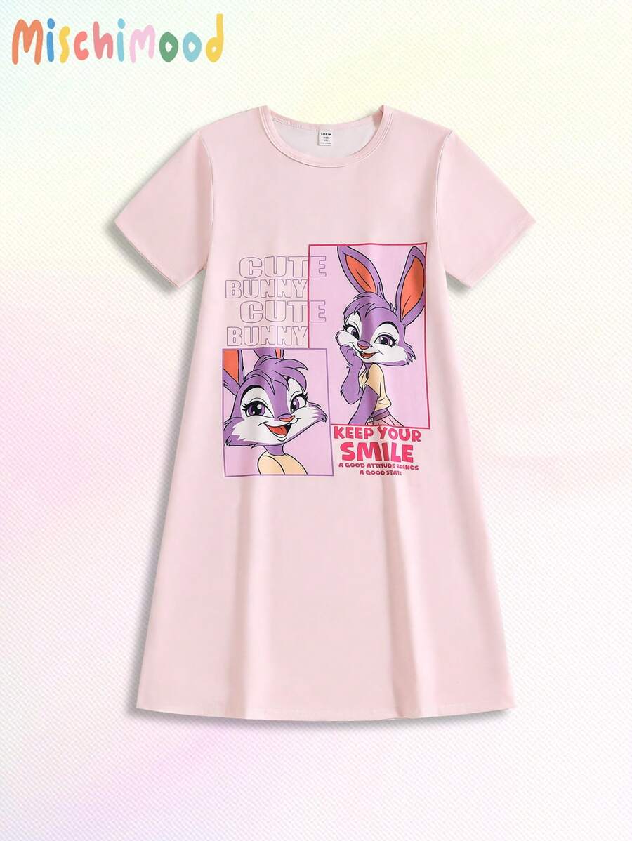 Mädchen Teenager Kaninchen Muster feuergefährlich Rundhals Kurzarm lang Nachthemd Loungewear