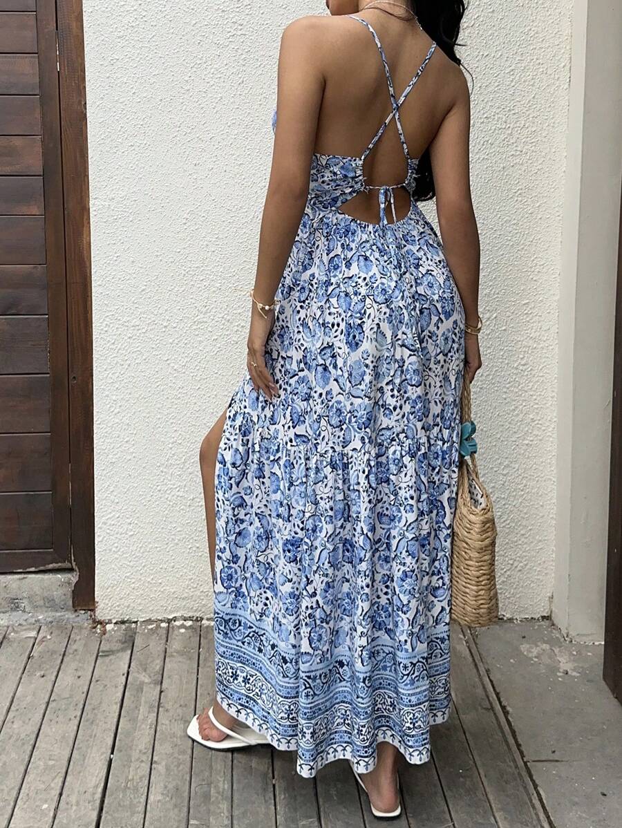 Sunnyshic Navy Blue Floral Print V-Neck Backless Tie Neck High Slit A-Line Midi Dress, Sophisticated Vacation Travel Boho Chic Casual Elegant Summer Dress For Women