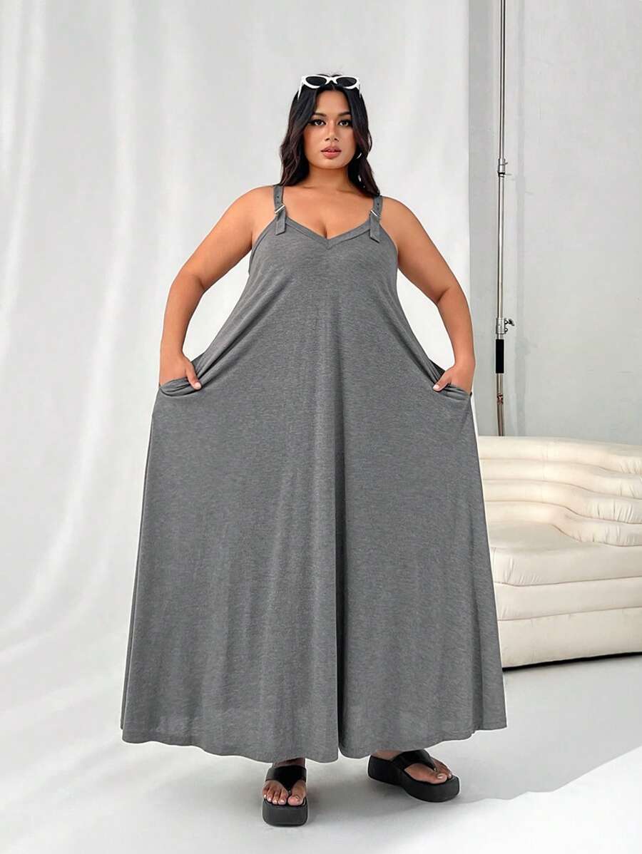 SHEIN EZwear Plus Size Grey Sleeveless Jumper Dress With Pockets