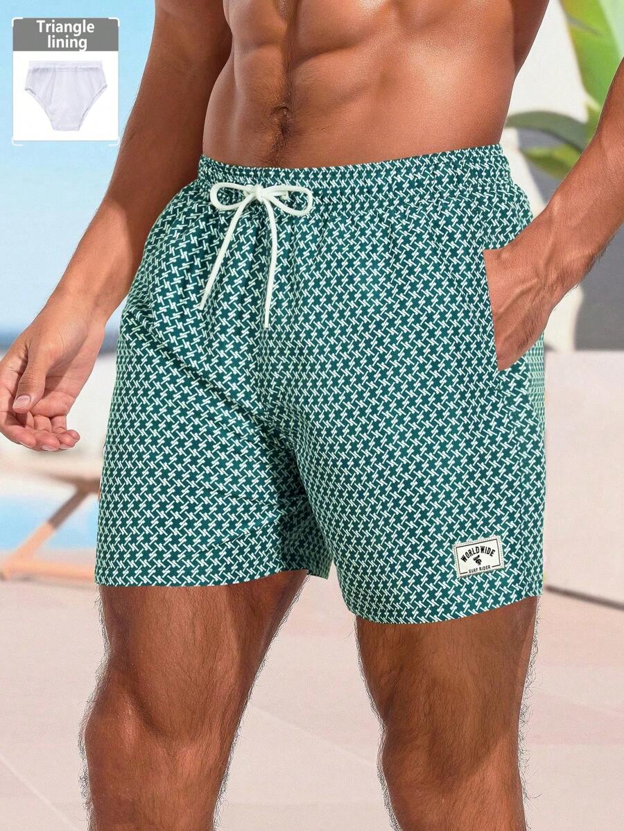 Manfinity Swimmode Shorts de playa con cordón en la cintura y estampado de letras para hombre, hawaianos