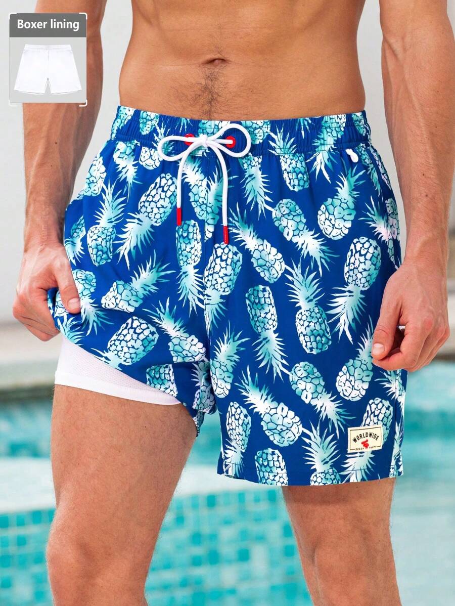 Manfinity Swimmode Men's Fruit Print Drawstring Pocket Beach Shorts