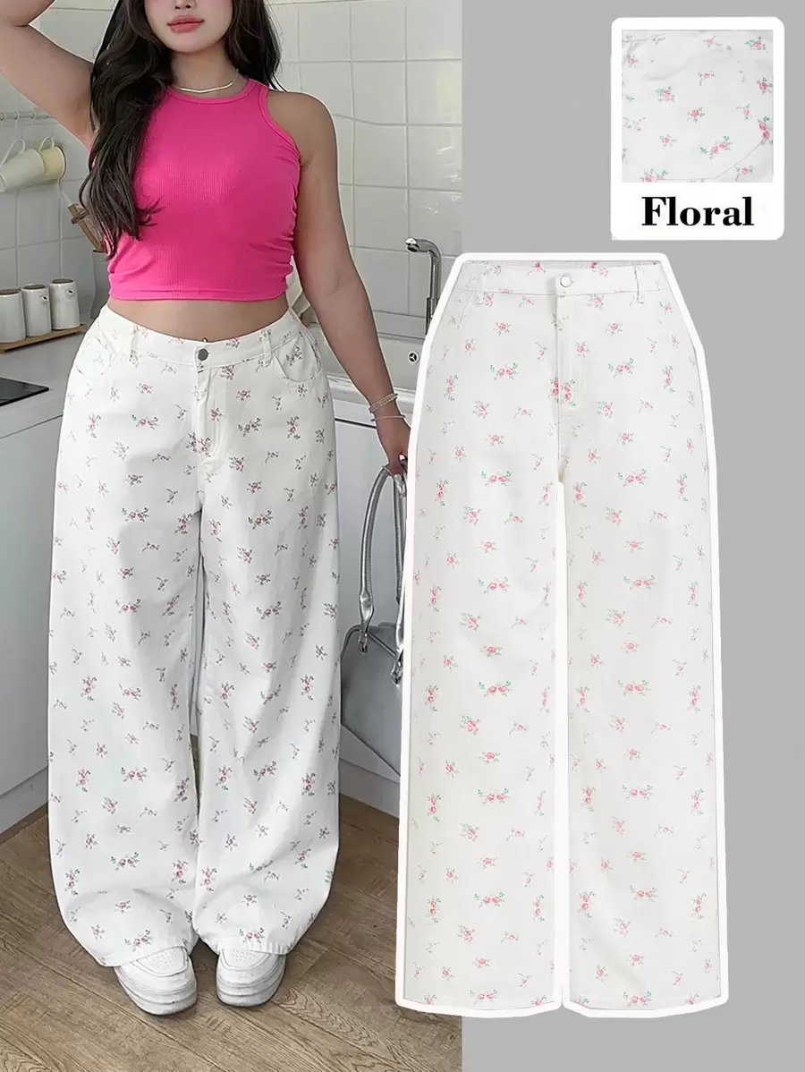 SHEIN MOD Women's Plus Size White Jeans Ditsy Floral Trousers Ditsy Floral Wide-Leg Pants Summer Pants Fresh Pastoral Style