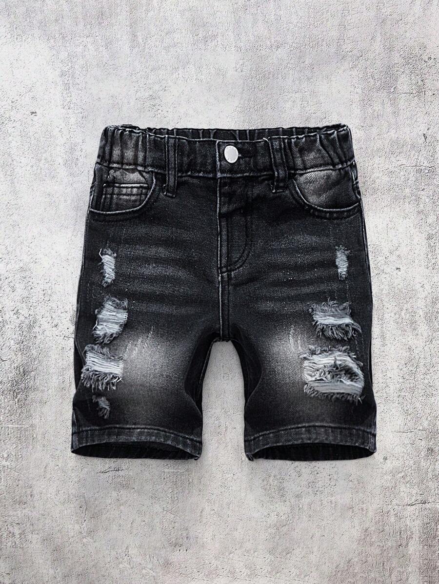 SHEIN Kleine Jungen Sommer Straßen-Coole Frontknopftasche, ausgewaschene, zerrissene, ausgefranste, einfache schwarze Denim Shorts, Kleine Jungenmode Frühling/Sommer Streetwear, Frühling Break Outfit