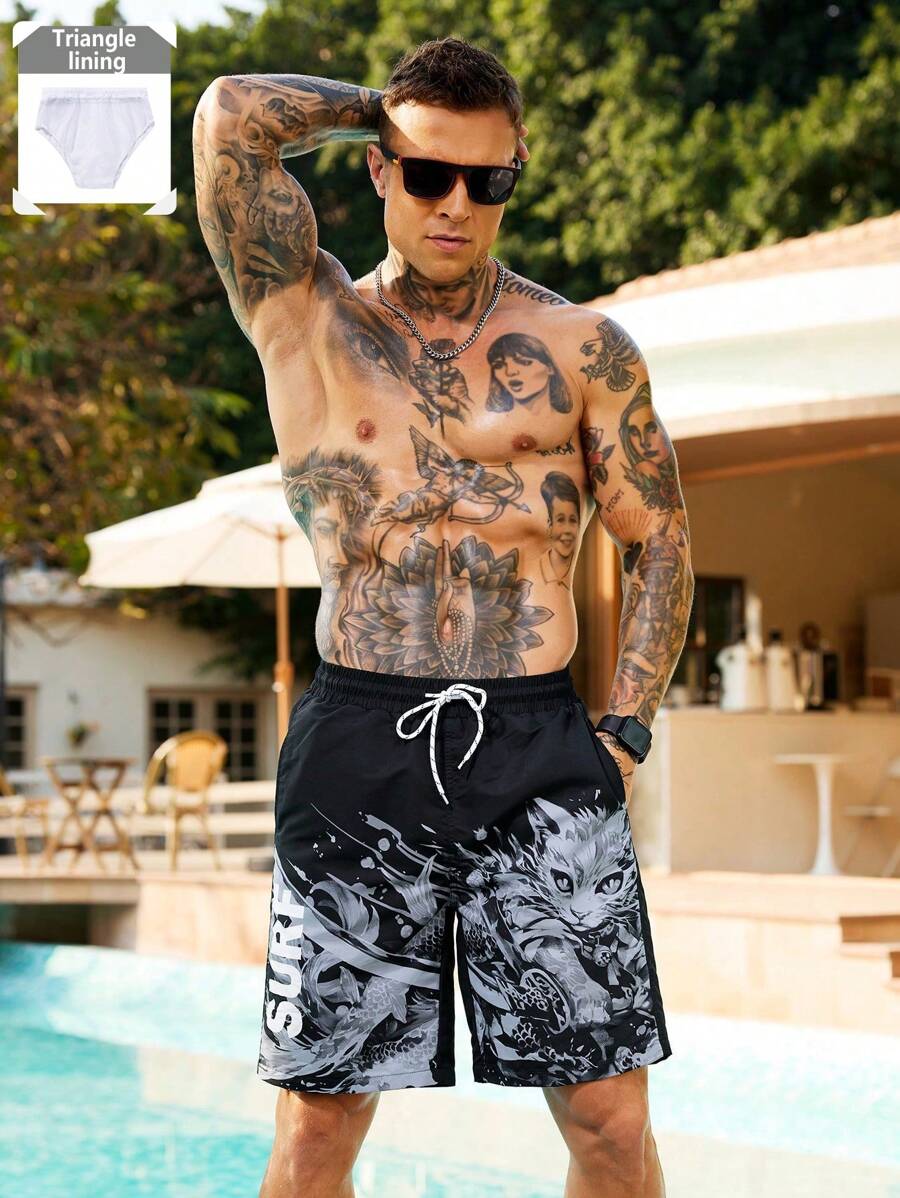 Manfinity Swimmode Men's Casual Cat Print Drawstring Waist Beach Shorts, Summer