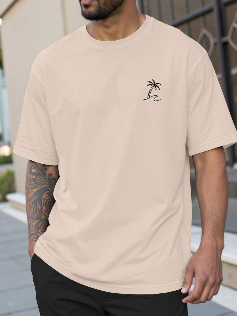 Manfinity RSRT Plus Size Men Palm Tree Print Round Neck Short Sleeve Casual T-Shirt, Beach T Shirt Men, Men S Apricot Tees