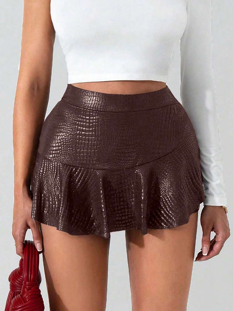 Zolique New Design Women's Burgundy Textured Leather Skirt Pants
