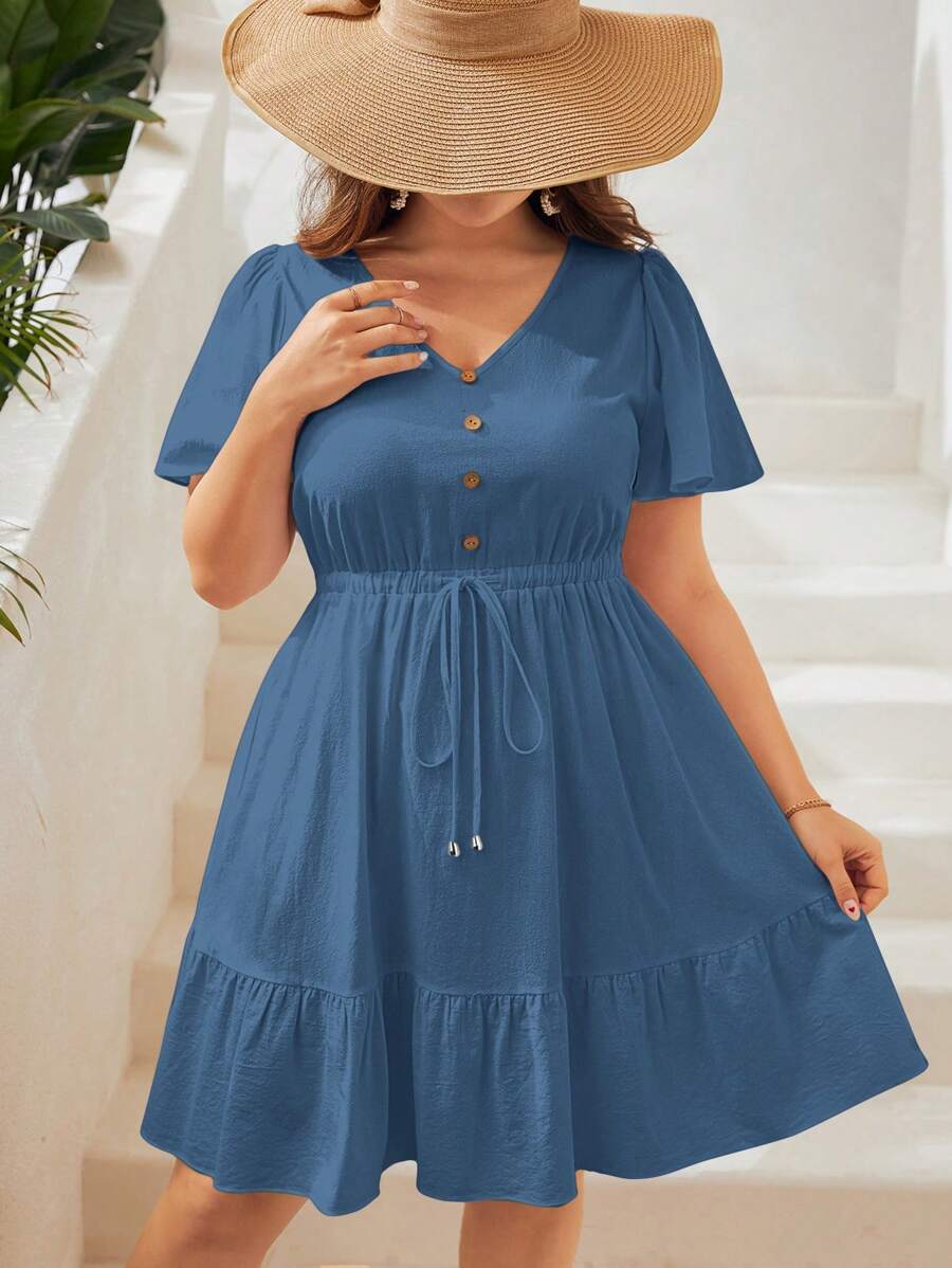 SHEIN VCAY Plus Size Women Solid Color Button Design Ruffle Sleeve Casual Dress