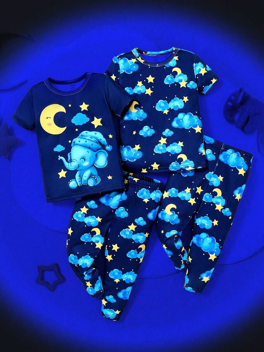 SHEIN Baby Boy Cute Cartoon Elephant, Star, Moon And Cloud Print Round Neck Short Sleeve + Pants Snug Fit Comfortable Pajamas Set, 2pcs