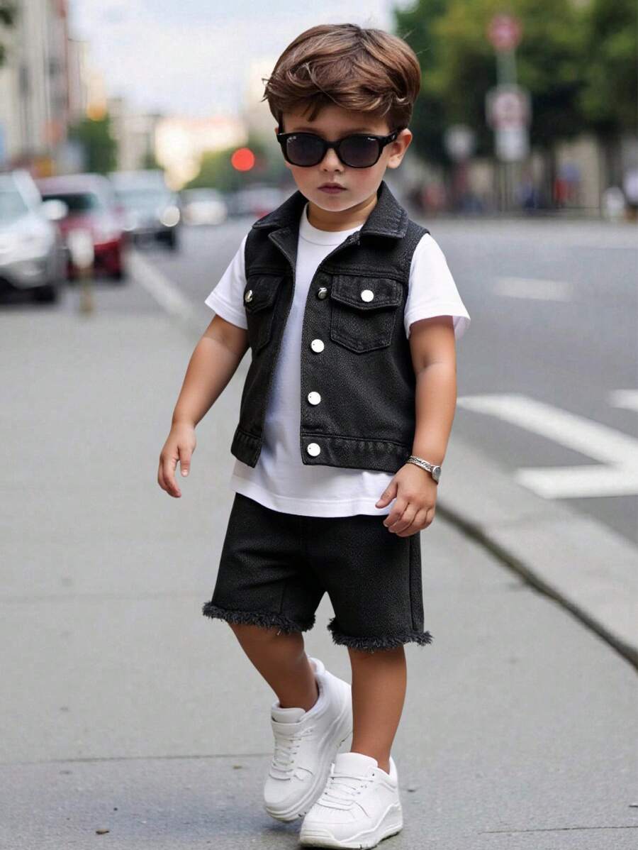 SHEIN Conjunto de 3 piezas para niño pequeño: camiseta de manga corta casual, chaleco vaquero desgastado y pantalones cortos vaqueros rotos, para verano