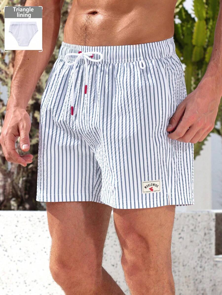 Horizaway Men's Beach Shorts Drawstring Waist Front Tie Pocket Striped Resort Casual