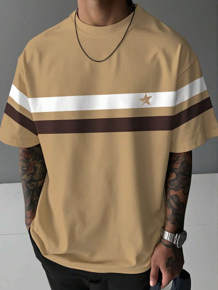 Manfinity Homme Camiseta casual de cuello redondo de manga corta a rayas para hombre tallas grandes