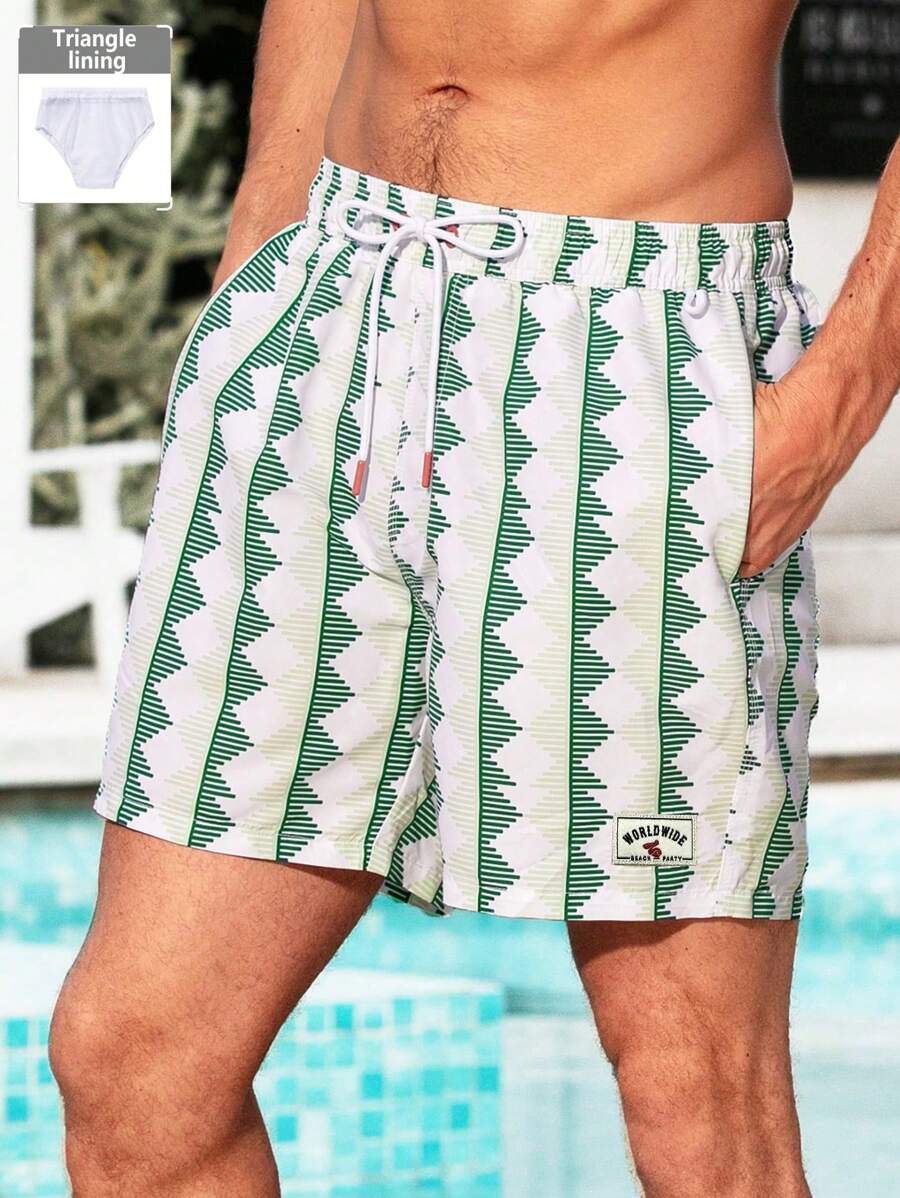 Manfinity Swimmode Men's Geometric Print Drawstring Waist Pocket Loose Beach Shorts
