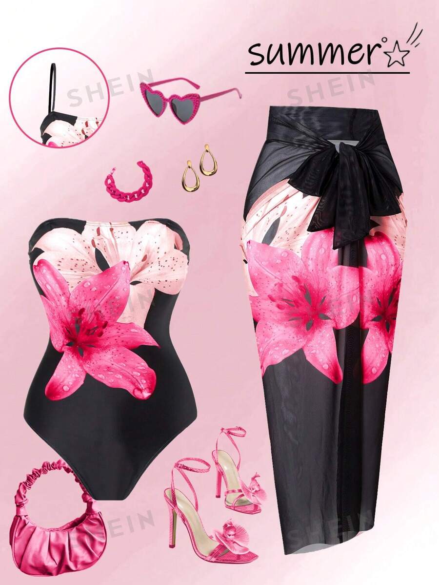 SHEIN Swim Curve Conjunto de traje de baño de una pieza estampado talla grande + falda tipo cover-up para el verano
