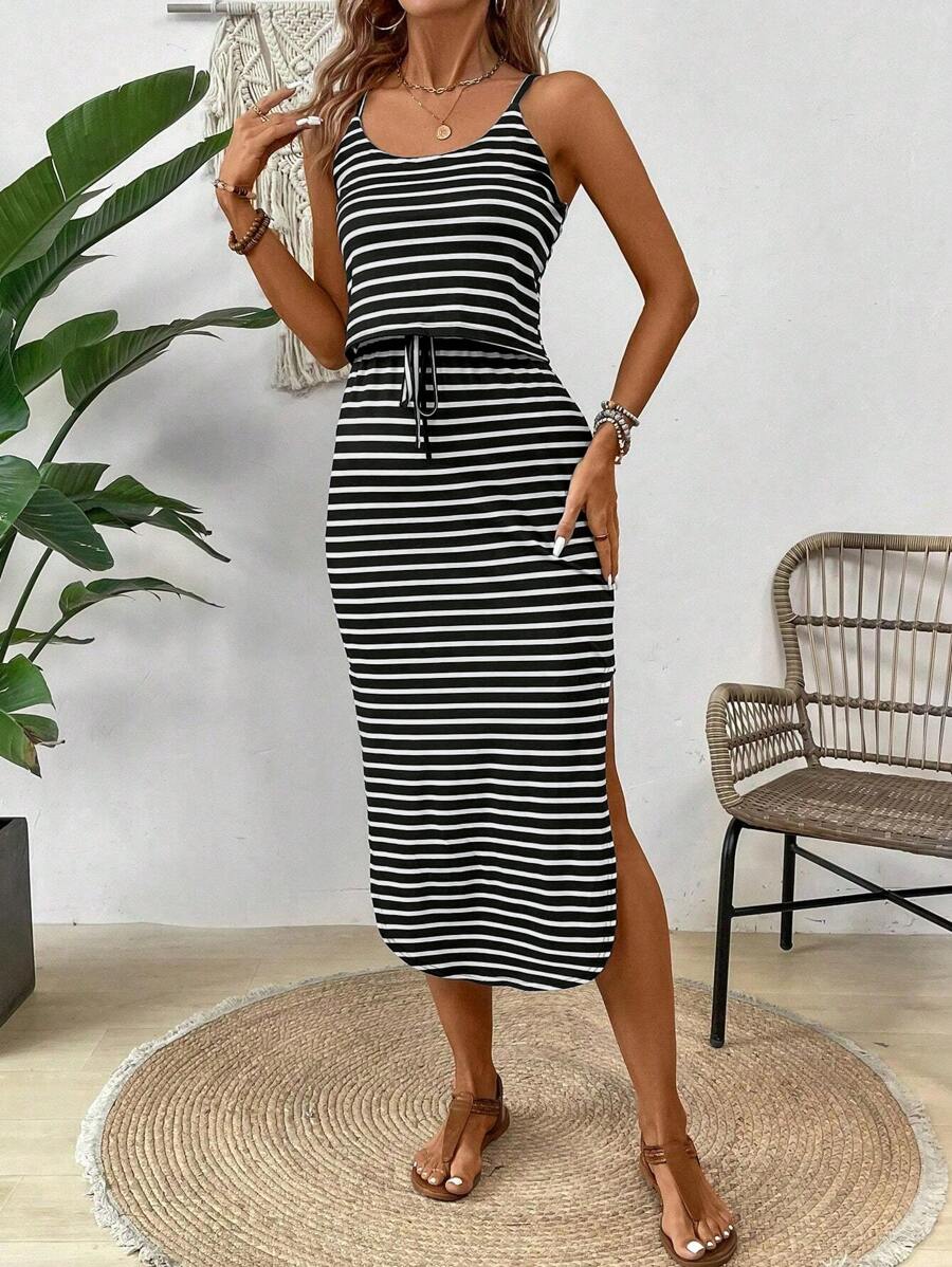 Breezaya Women's Summer Casual Spaghetti Strap Dress With Tie Waist, Side Split Hem Maxi Women Outfit