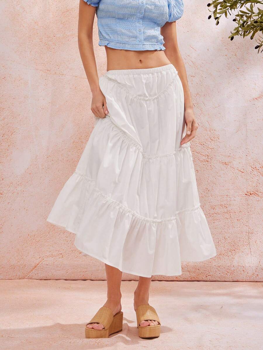 WESTFADE Falda acampanada con volantes de cintura alta de popelina de estilo occidental para el verano, ideal para vacaciones en la playa de primavera