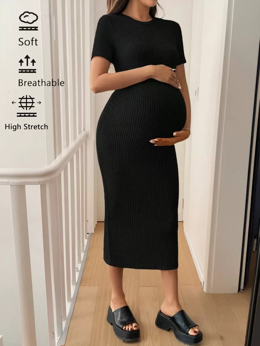 SHEIN Robe décontractée à manches courtes à col rond, ajustée et côtelée, de couleur unie pour femme enceinte