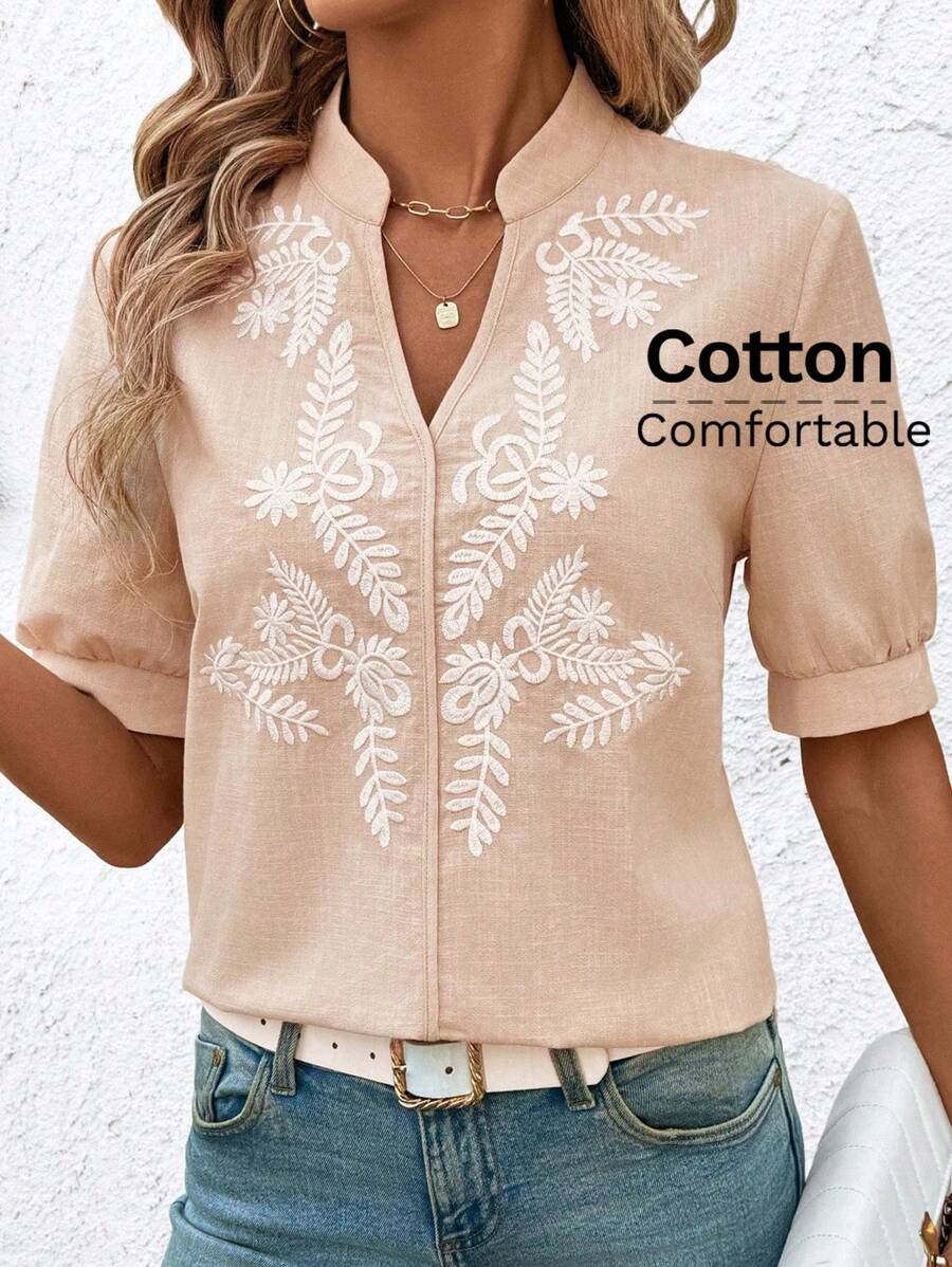 SHEIN Clasi Blusa casual da donna con collo tacca e ricamo, adatta per taglie forti e vacanze
