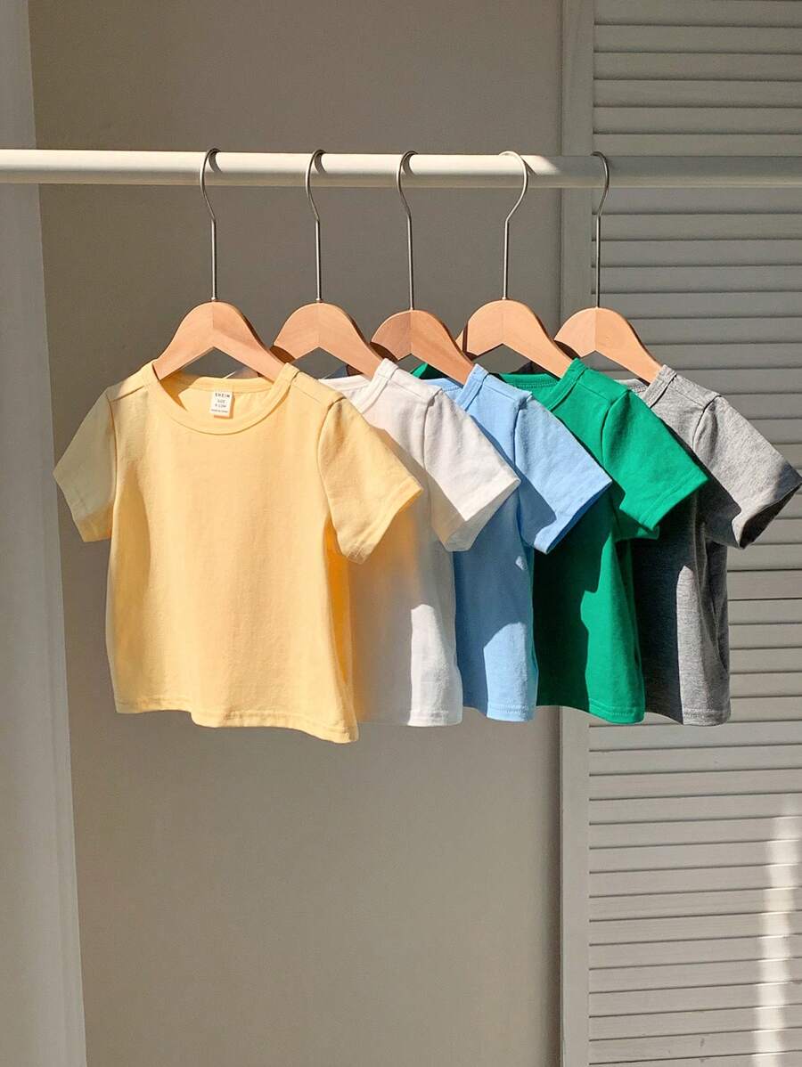 SHEIN 5pcs/Pack Summer Cute Solid Color All-Match Knit Short Sleeve T-Shirt Pack For Babies & Toddlers, Versatile