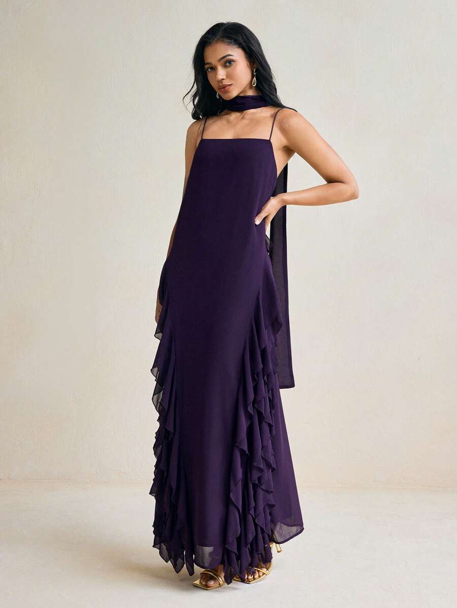 TSS Vestido maxi de gasa con tirantes de espagueti, volantes laterales y chal en color púrpura oscuro, vestido elegante para boda, cóctel o fiesta formal para mujer, vestido de verano bohemio para vacaciones