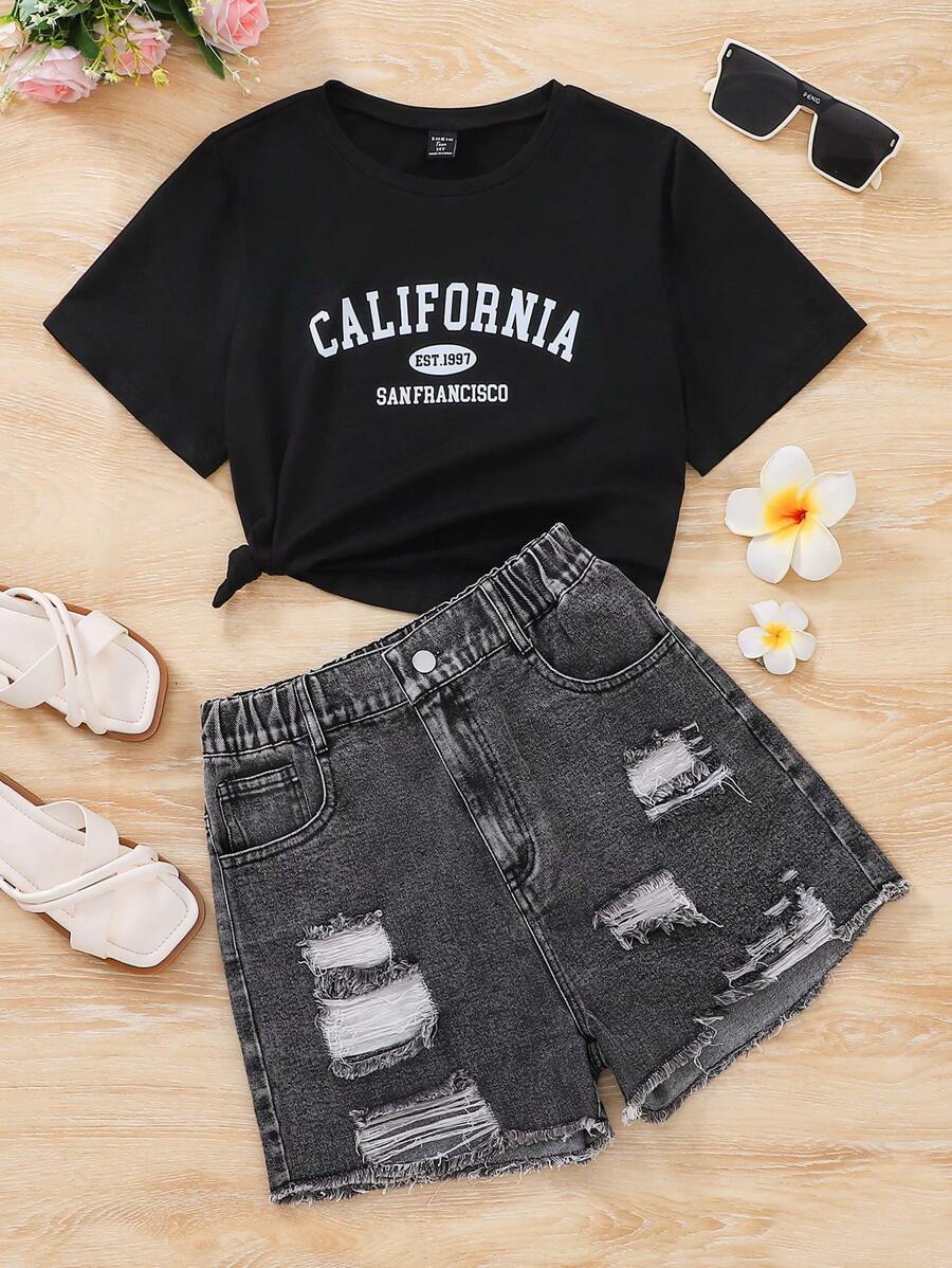 Teen Girl Letter Print Round Neck Short Sleeve Top And Distressed Denim Jeans 2pcs Casual Set