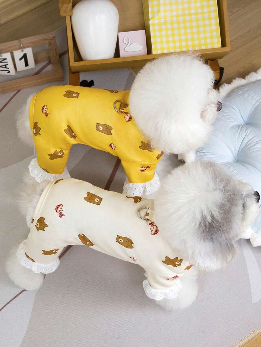 PETSIN Yellow Spring/Summer Simple Casual Home Wear Bear & Mushroom Print Hollow Ruffle Cuff Wearable & Leash Friendly Soft Pet Jumpsuit